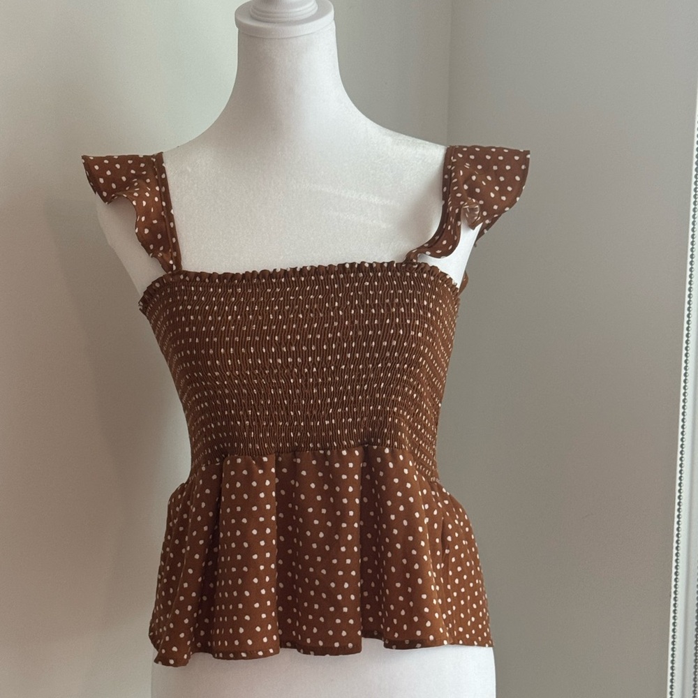 Cozy Casual Brown Polka Dot Smocked Tank Top
